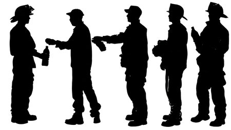Black Solid Medic Firefighter Rehab Silhouettes Set of Six on White Background isolated on plain white background.のイラスト素材