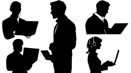 Black Solid Radio Host Laptop Silhouettes Set of Six on White Background isolated on plain white background.のイラスト素材