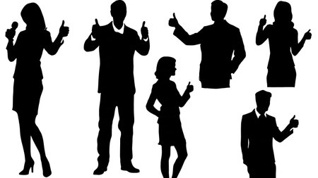 Black Solid Radio Host Thumbs Up Silhouettes Set of Six on White Background isolated on plain white background.のイラスト素材