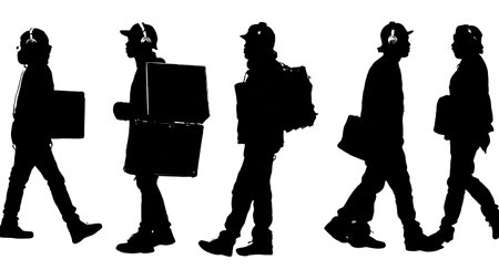 Black Solid Radio DJ Carrying Bag Silhouettes Set of Six on White Background isolated on plain white background.のイラスト素材
