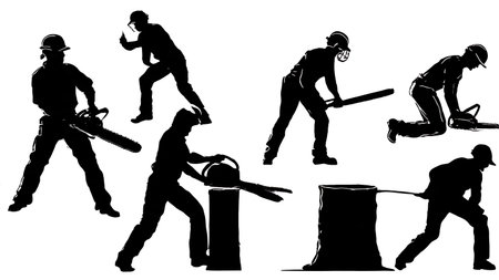 Black Solid Lumberjack Sports Silhouettes Set of Six on White Background isolated on plain white background.のイラスト素材