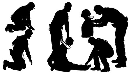 Black Solid Neck Brace Application Silhouettes Set of Six on White Background isolated on plain white background.のイラスト素材