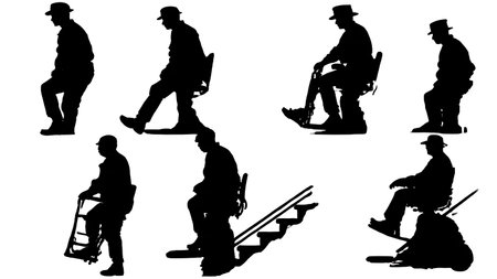 Black Solid Paramedic Tight Turn Silhouettes Set of Six on White Background isolated on plain white background.のイラスト素材