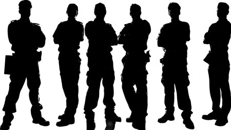 Black Solid Paramedic Standing Ready Silhouettes Set of Six on White Background isolated on plain white background.のイラスト素材