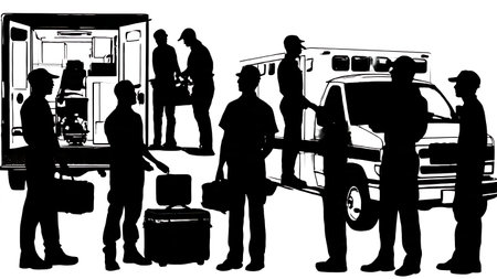 Black Solid Paramedic Gear Prep Silhouettes Set of Six on White Background isolated on plain white background.のイラスト素材