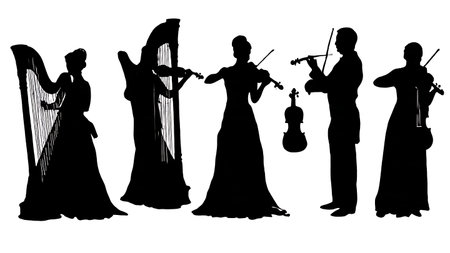 Black Solid Harp Violin Duet Silhouettes Set of Six on White Background isolated on plain white background.のイラスト素材