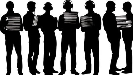 Black Solid Radio DJ Stack CDs Silhouettes Set of Six on White Background isolated on plain white background.のイラスト素材
