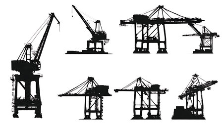 Black Solid Port Crane Skyline Silhouettes Set of Six on White Background isolated on plain white background.のイラスト素材