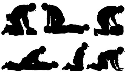 Black Solid CPR Chest Compression Silhouettes Set of Six on White Background isolated on plain white...