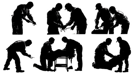Black Solid Paramedic Trauma Shears Silhouettes Set of Six on White Background isolated on plain white background.のイラスト素材