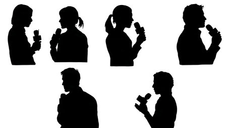 Black Solid Radio Reporter Silhouettes Set of Six on White Background isolated on plain white background.のイラスト素材