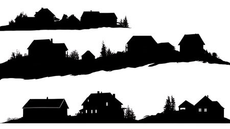 Black Solid Mountain Village Skyline Silhouettes Set of Six on White Background isolated on plain white background.のイラスト素材