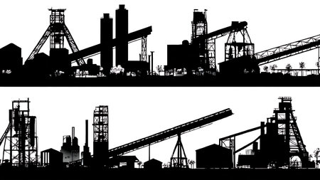 Black Solid Mining Town Skyline Silhouettes Set of Six on White Background isolated on plain white background.のイラスト素材