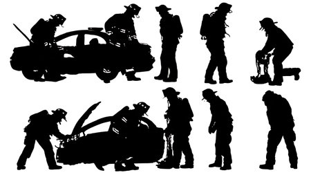 Black Solid Jaws of Life Extraction Silhouettes Set of Six on White Background isolated on plain white background.のイラスト素材