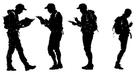Black Solid Orienteering Silhouettes Set of Six on White Background isolated on plain white background.のイラスト素材