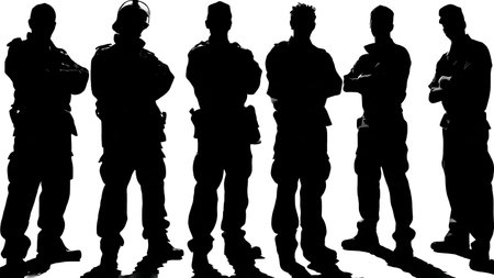 Black Solid Paramedic Standing Ready Silhouettes Set of Six on White Background isolated on plain...