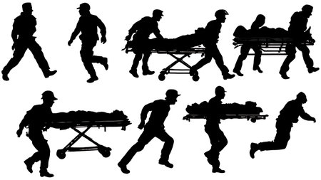Black Solid Paramedic Rushing Gurney Silhouettes Set of Six on White Background isolated on plain white background.のイラスト素材