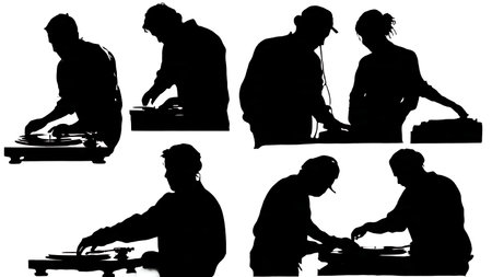Black Solid Radio DJ Needle Drop Silhouettes Set of Six on White Background isolated on plain white background.のイラスト素材