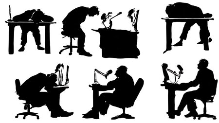 Black Solid Sleeping Radio Host Silhouettes Set of Six on White Background isolated on plain white background.のイラスト素材