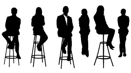 Black Solid Radio Host Stool Silhouettes Set of Six on White Background isolated on plain white background.のイラスト素材