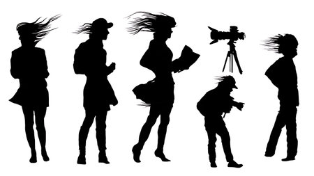 Black Solid Hurricane Reporter Silhouettes Set of Six on White Background isolated on plain white background.のイラスト素材
