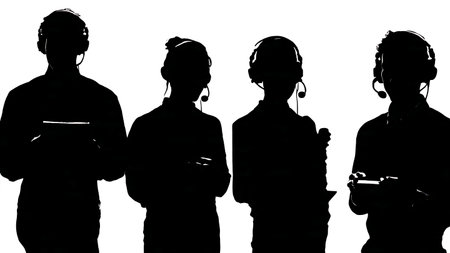 Black Solid Reporter Headset Mic Silhouettes Set of Six on White Background isolated on plain white background.のイラスト素材