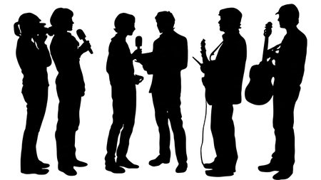 Black Solid Musician Interview Silhouettes Set of Six on White Background isolated on plain white background.のイラスト素材