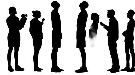 Black Solid Reporter Athlete Interview Silhouettes Set of Six on White Background isolated on plain...