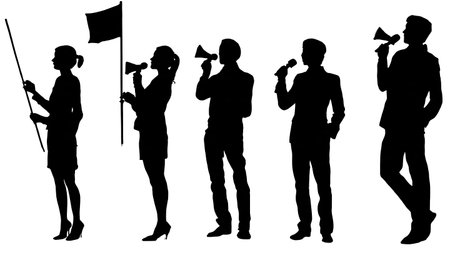 Black Solid Reporter Mic Flag Silhouettes Set of Six on White Background isolated on plain white background.のイラスト素材