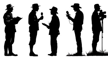 Black Solid Rural News Interview Silhouettes Set of Six on White Background isolated on plain white background.のイラスト素材
