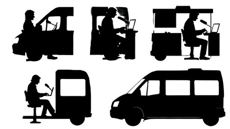 Black Solid News Van Reporter Silhouettes Set of Six on White Background isolated on plain white background.のイラスト素材