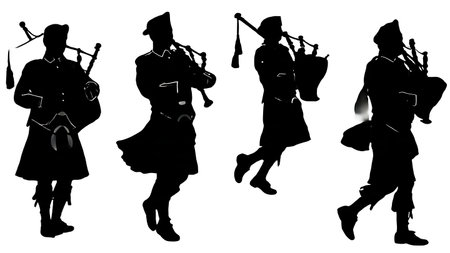 Black Solid Pipe and Drum Band Silhouettes Set of Six on White Background isolated on plain white background.のイラスト素材