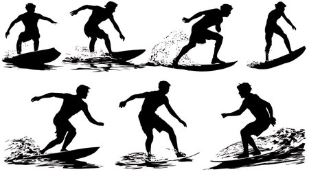 Black Solid Skimboarding Silhouettes Set of Six on White Background isolated on plain white background.のイラスト素材