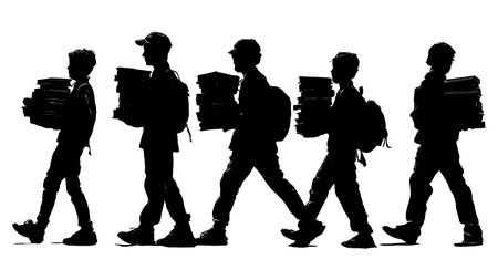 Black Solid Students Heavy Books Silhouettes Set of Six on White Background isolated on plain white background.のイラスト素材