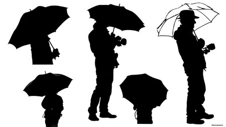 Black Solid Storm Reporter Silhouettes Set of Six on White Background isolated on plain white background.のイラスト素材