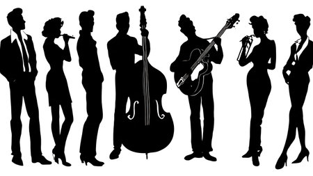 Black Solid Rockabilly Band Silhouettes Set of Six on White Background isolated on plain white background.のイラスト素材