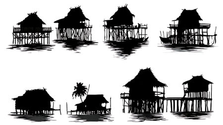 Black Solid Stilt House Skyline Silhouettes Set of Six on White Background isolated on plain white background.のイラスト素材