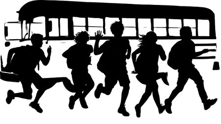 Black Solid Students Catching Bus Silhouettes Set of Six on White Background isolated on plain white background.のイラスト素材