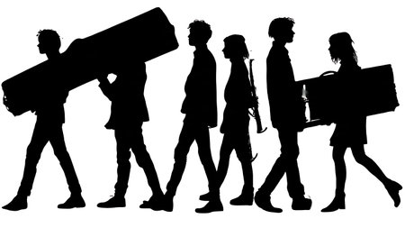 Black Solid Music Gear Students Silhouettes Set of Six on White Background isolated on plain white background.のイラスト素材