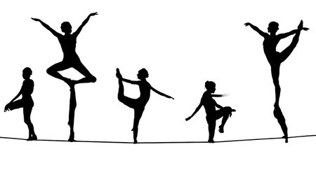 Black Solid Slackline Yoga Silhouettes Set of Six on White Background isolated on plain white background.のイラスト素材