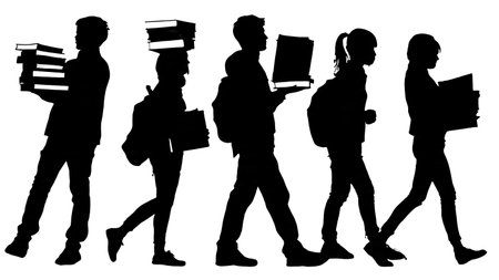 Black Solid Students Heavy Books Silhouettes Set of Six on White Background isolated on plain white background.のイラスト素材