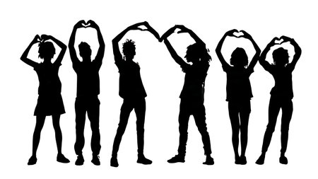 Black Solid Students Hand Heart Silhouettes Set of Six on White Background isolated on plain white background.のイラスト素材