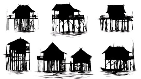 Black Solid Stilt House Skyline Silhouettes Set of Six on White Background isolated on plain white background.のイラスト素材