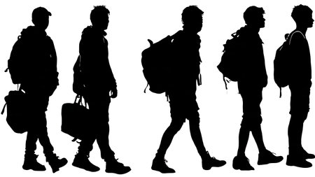 Black Solid Student Athletes Silhouettes Set of Six on White Background isolated on plain white background.のイラスト素材