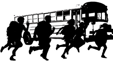 Black Solid Students Catching Bus Silhouettes Set of Six on White Background isolated on plain white background.のイラスト素材