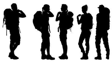 Black Solid Students Adjusting Straps Silhouettes Set of Six on White Background isolated on plain white background.のイラスト素材