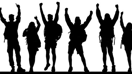 Black Solid Students Cheering Silhouettes Set of Six on White Background isolated on plain white background.のイラスト素材