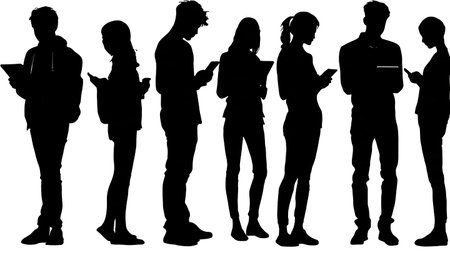 Black Solid Students Tablet Study Silhouettes Set of Six on White Background isolated on plain white background.のイラスト素材