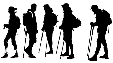 Black Solid Injured Students Silhouettes Set of Six on White Background isolated on plain white background.のイラスト素材