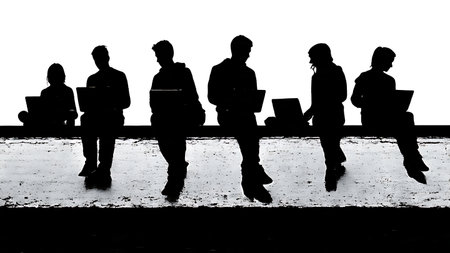 Black Solid Students Laptop Study Silhouettes Set of Six on White Background isolated on plain white background.のイラスト素材